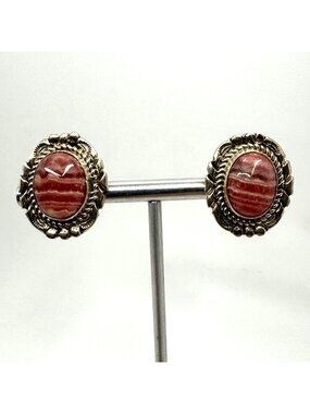 VTG Sterling Silver 925 Rhodochrosite Bezel Set Clip On Earrings Size 1" Length